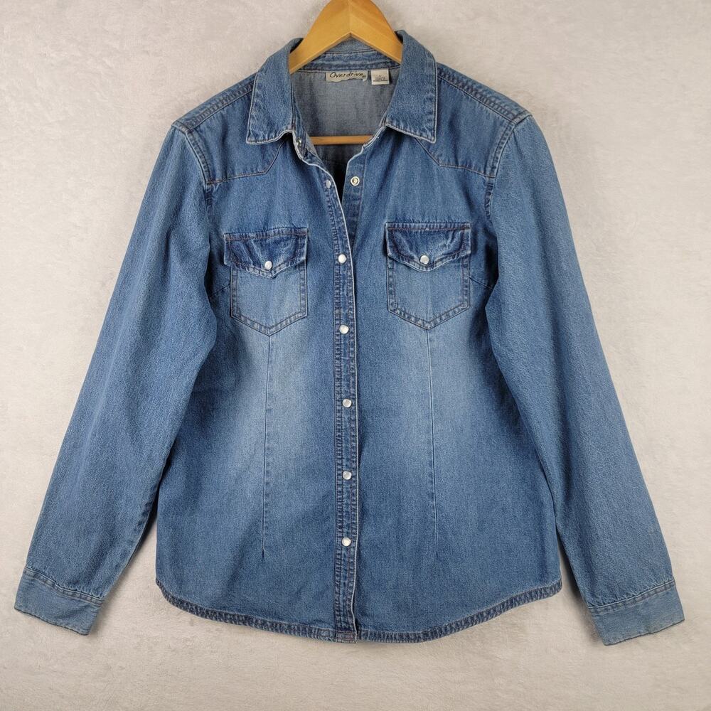 Women L Top Blue Denim Snap Long Sleeve Western Cowgirl Casual Shirjack Boho